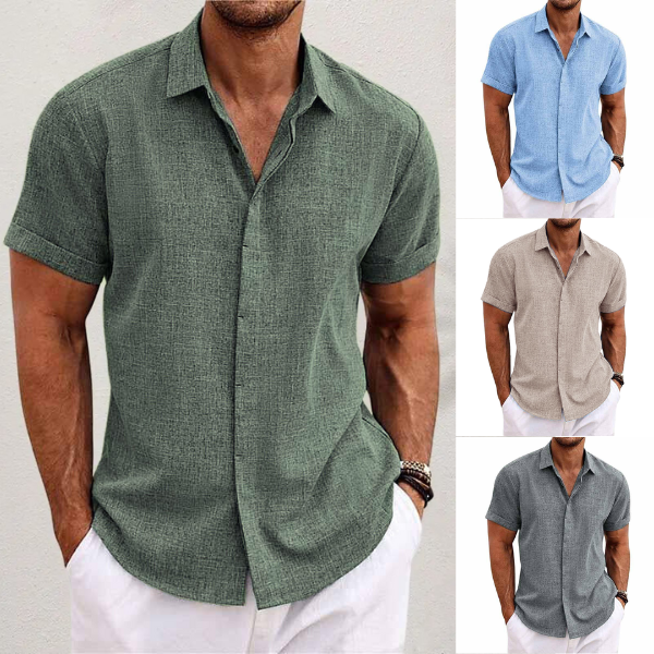 Camisa de Lino para Hombre de Manga Corta con Cuello de Solapa y Botones