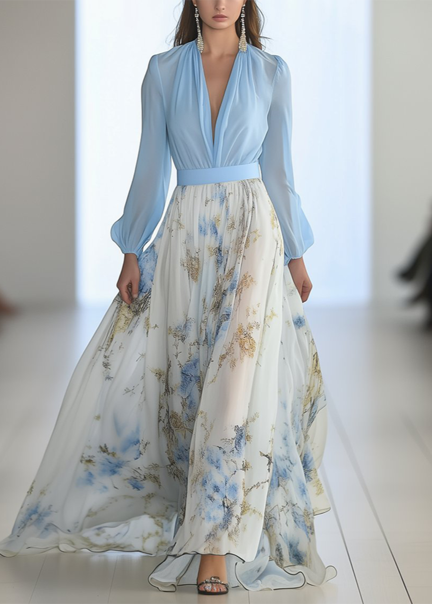 Abito lungo in poliestere con stampa floreale, scollo a V e manica lunga da donna