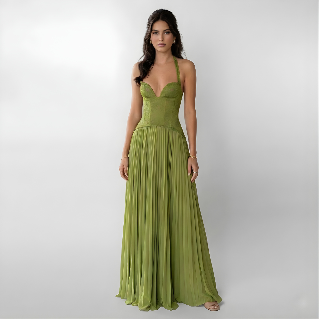 Rochie lungă de petrecere cu top din dantelă tip corset și fustă plisată pentru femei