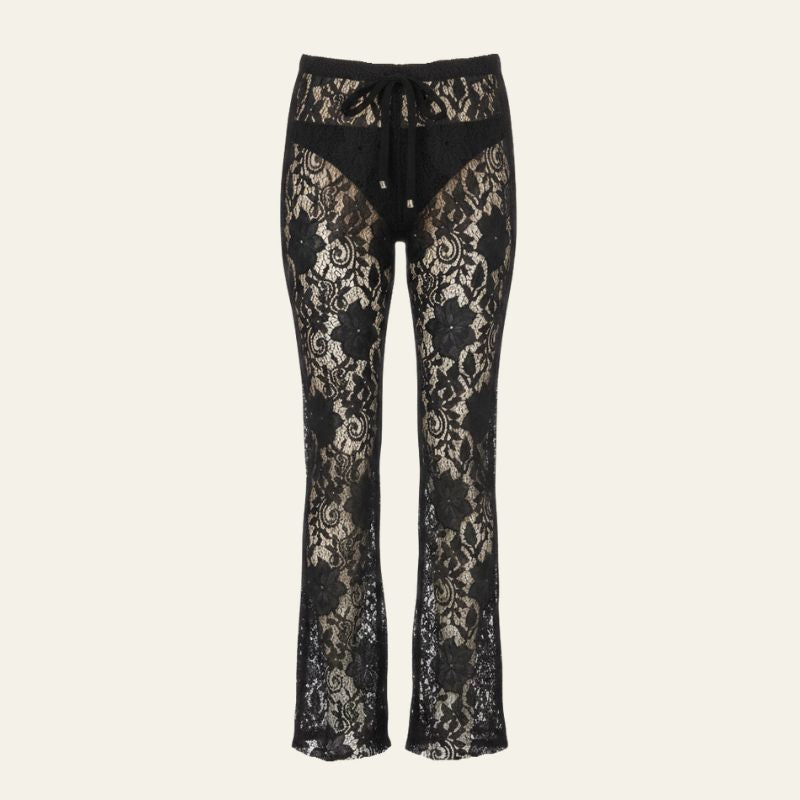 Pantaloni da Donna in Pizzo Floreale con Vita Alta e Gamba Svasata