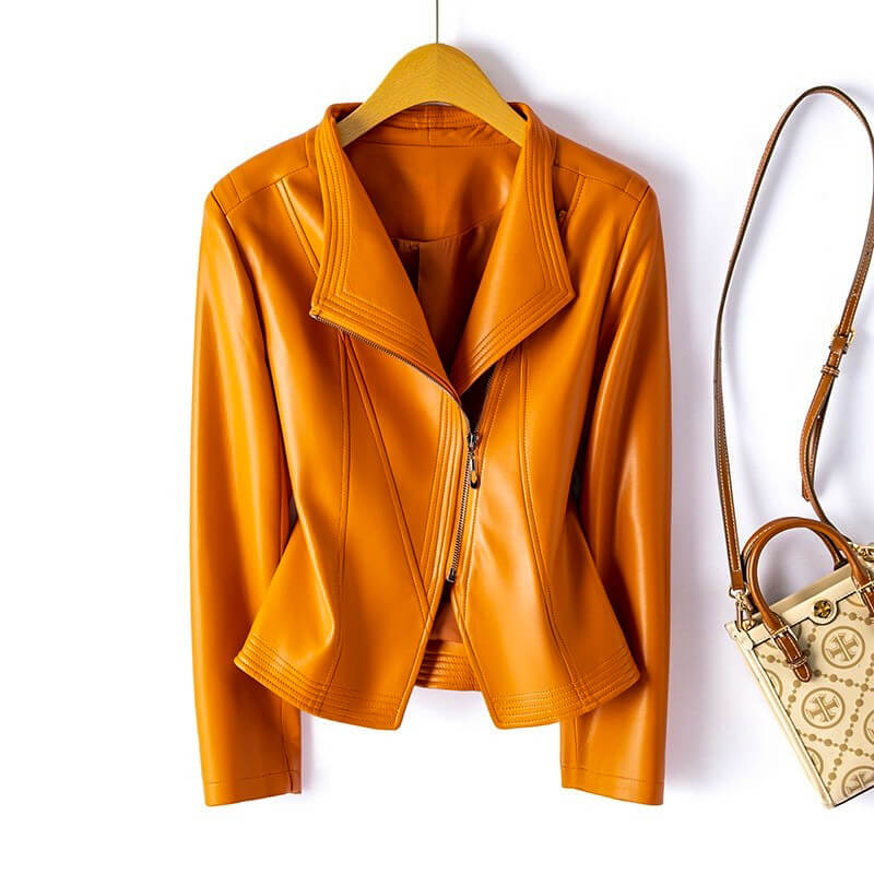 Jachetă Biker din Piele Sintetică pentru Femei cu Fermoar Asimetric și Rever Larg