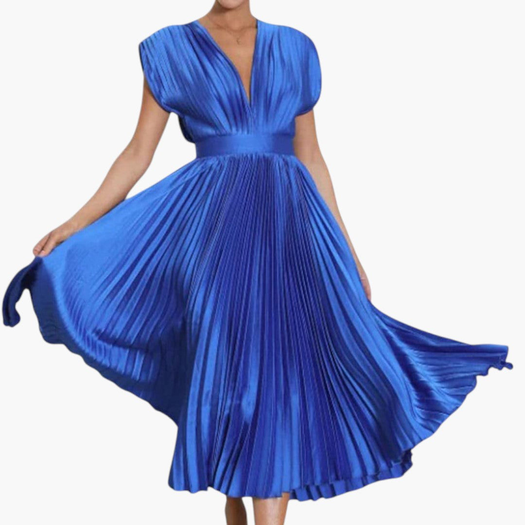 Vestido Midi de Mujer con Cuello en V y Falda Plisada con Vuelo