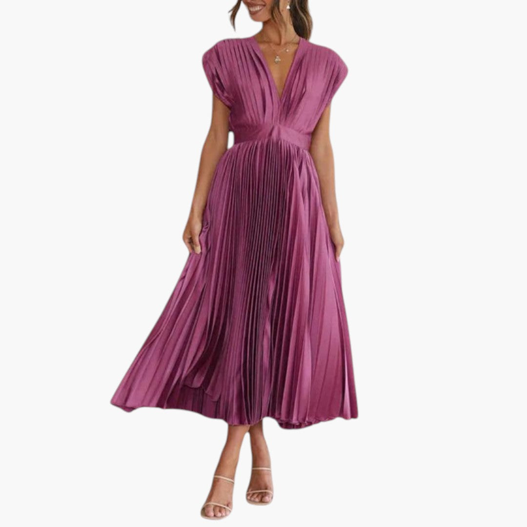 Vestido Midi de Mujer con Cuello en V y Falda Plisada con Vuelo