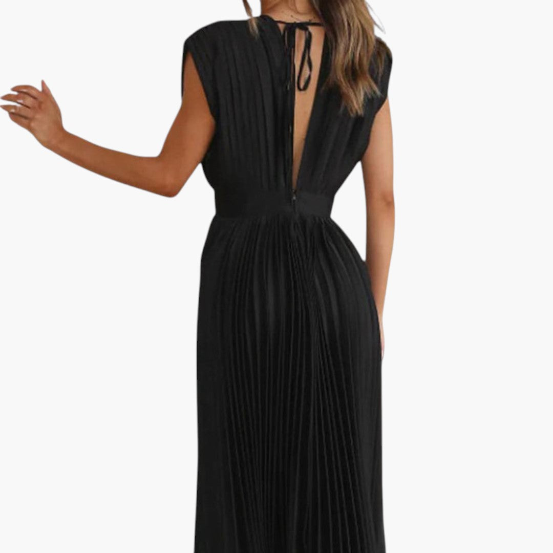 Vestido Midi de Mujer con Cuello en V y Falda Plisada con Vuelo