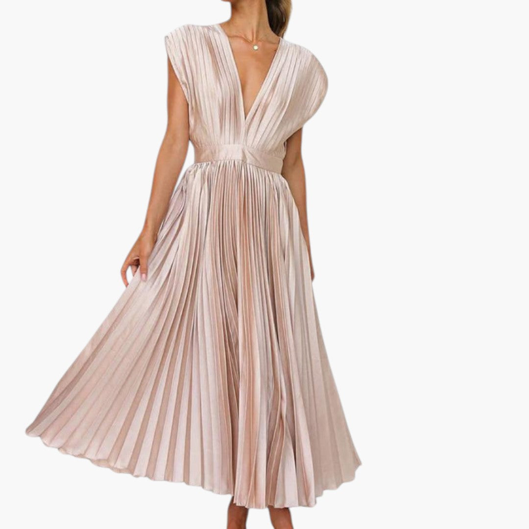 Vestido Midi de Mujer con Cuello en V y Falda Plisada con Vuelo