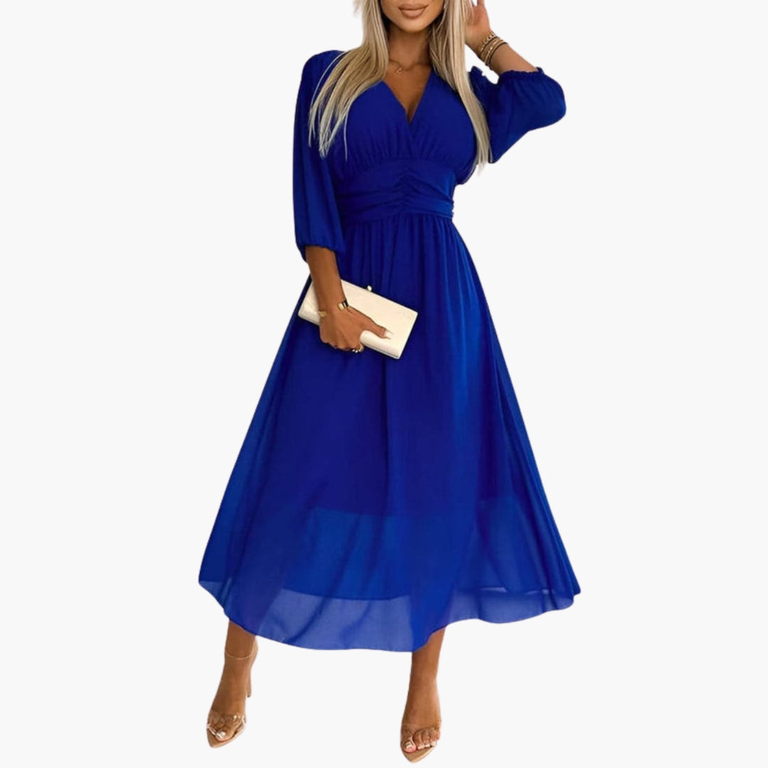 Vestido Midi de Gasa con Cuello en V y Manga Tres Cuartos para Mujer