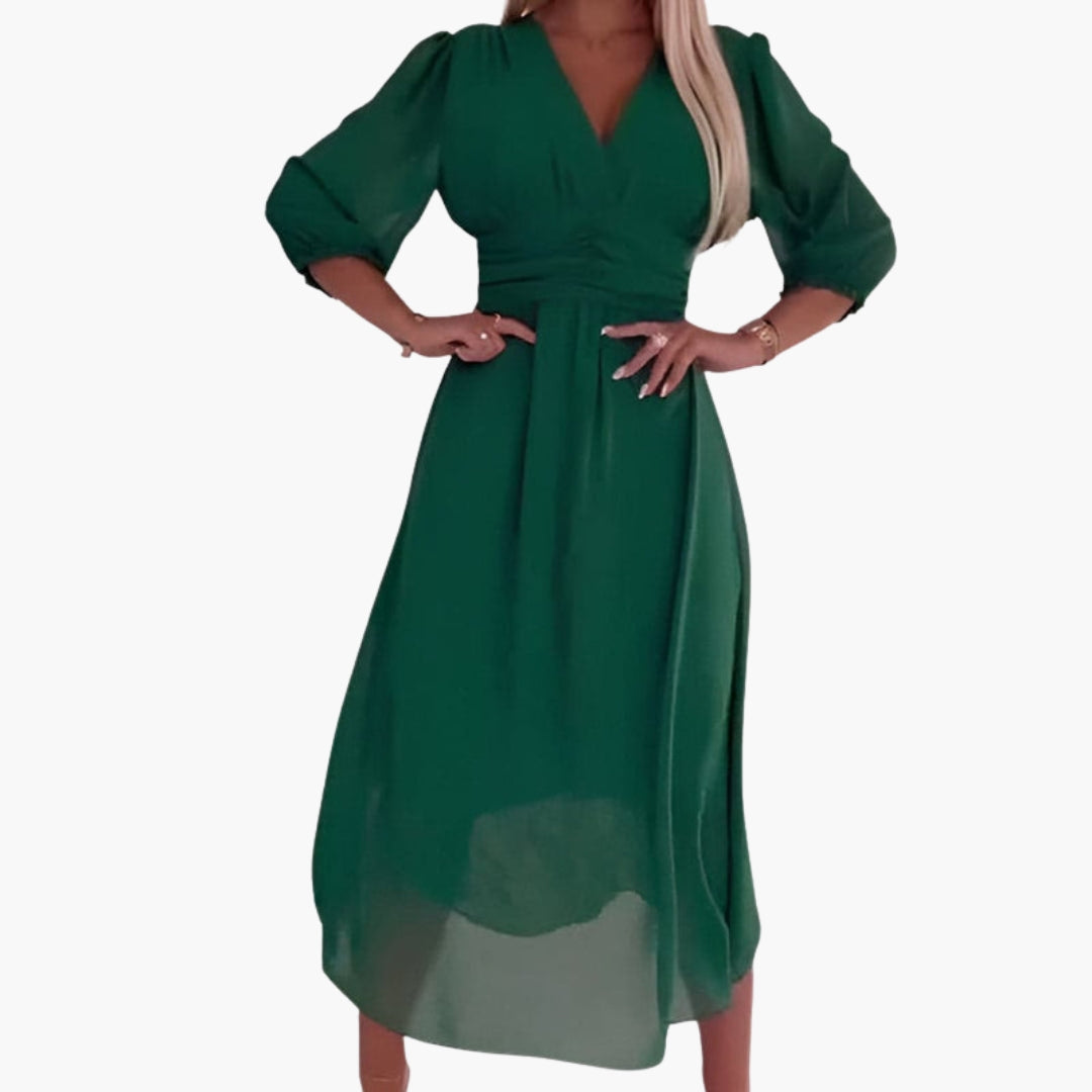 Vestido Midi de Gasa con Cuello en V y Manga Tres Cuartos para Mujer