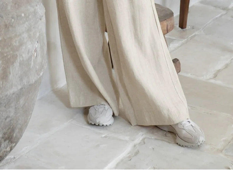 Pantaloni largi din in pentru femei, cu talie elastică și cordon