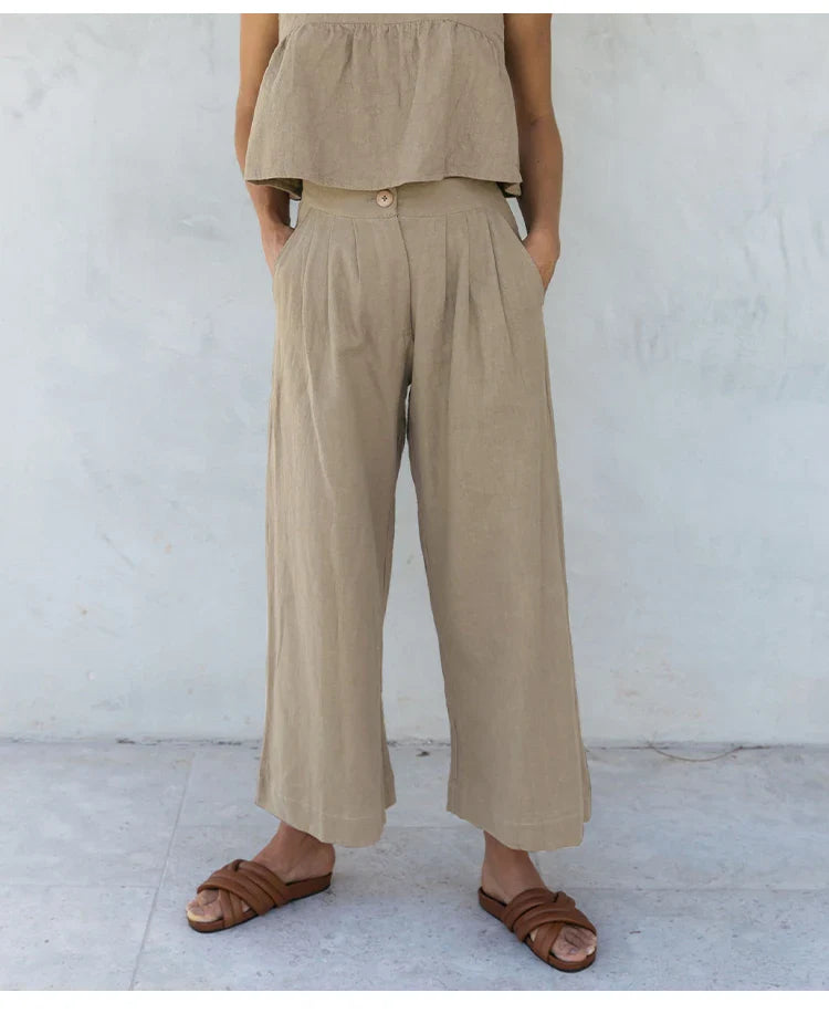 Lněné culottes pro ženy s vysokým pasem a předními záhyby