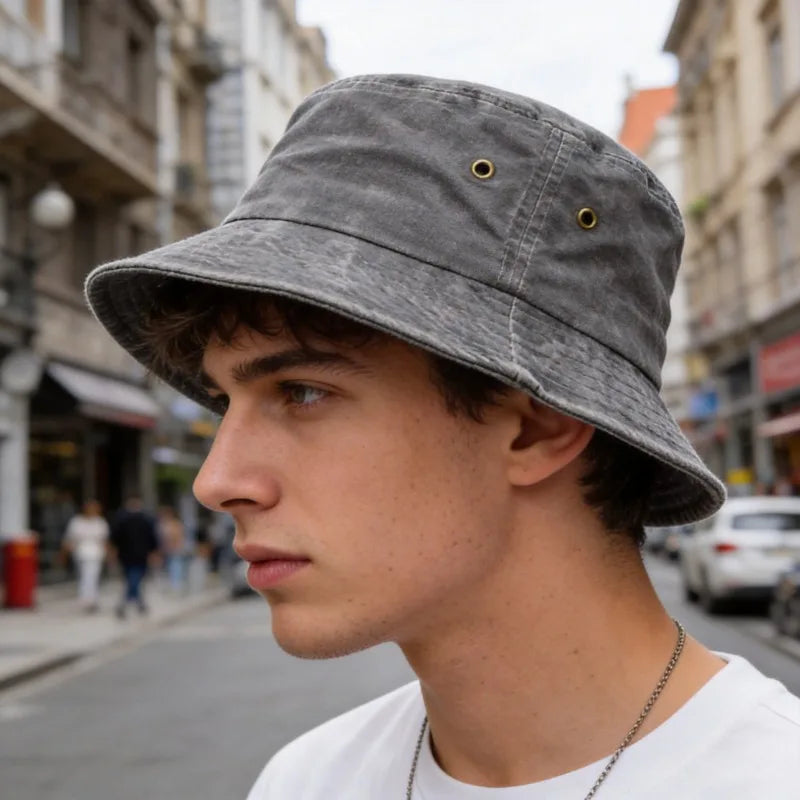 Cappello a secchiello unisex in cotone lavato, casual, per il sole