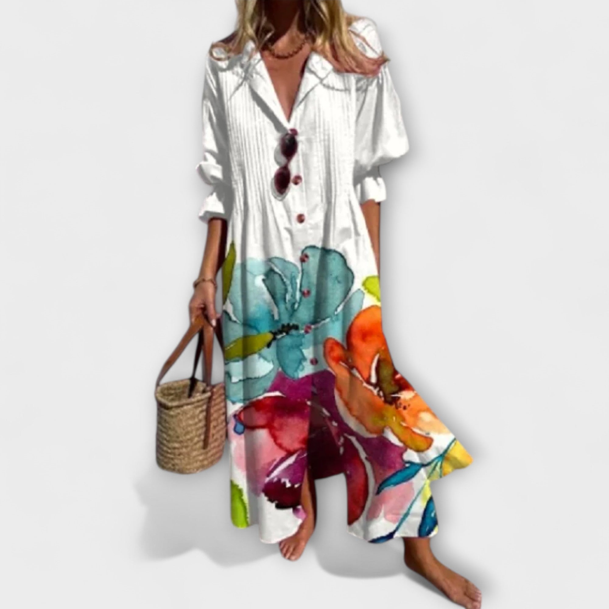 Robe chemise longue pour femme avec imprimé feuilles et manches bouffantes