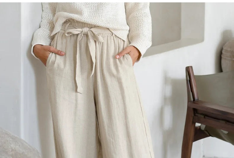 Pantaloni largi din in pentru femei, cu talie elastică și cordon