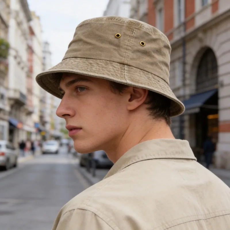 Cappello a secchiello unisex in cotone lavato, casual, per il sole