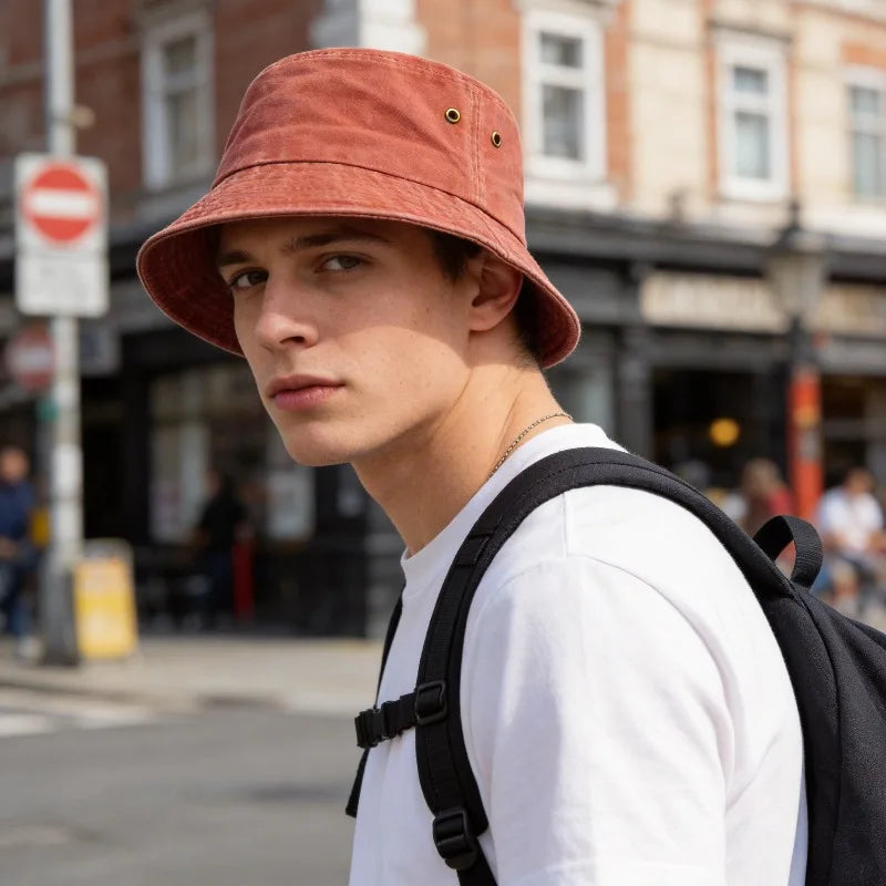 Cappello a secchiello unisex in cotone lavato, casual, per il sole