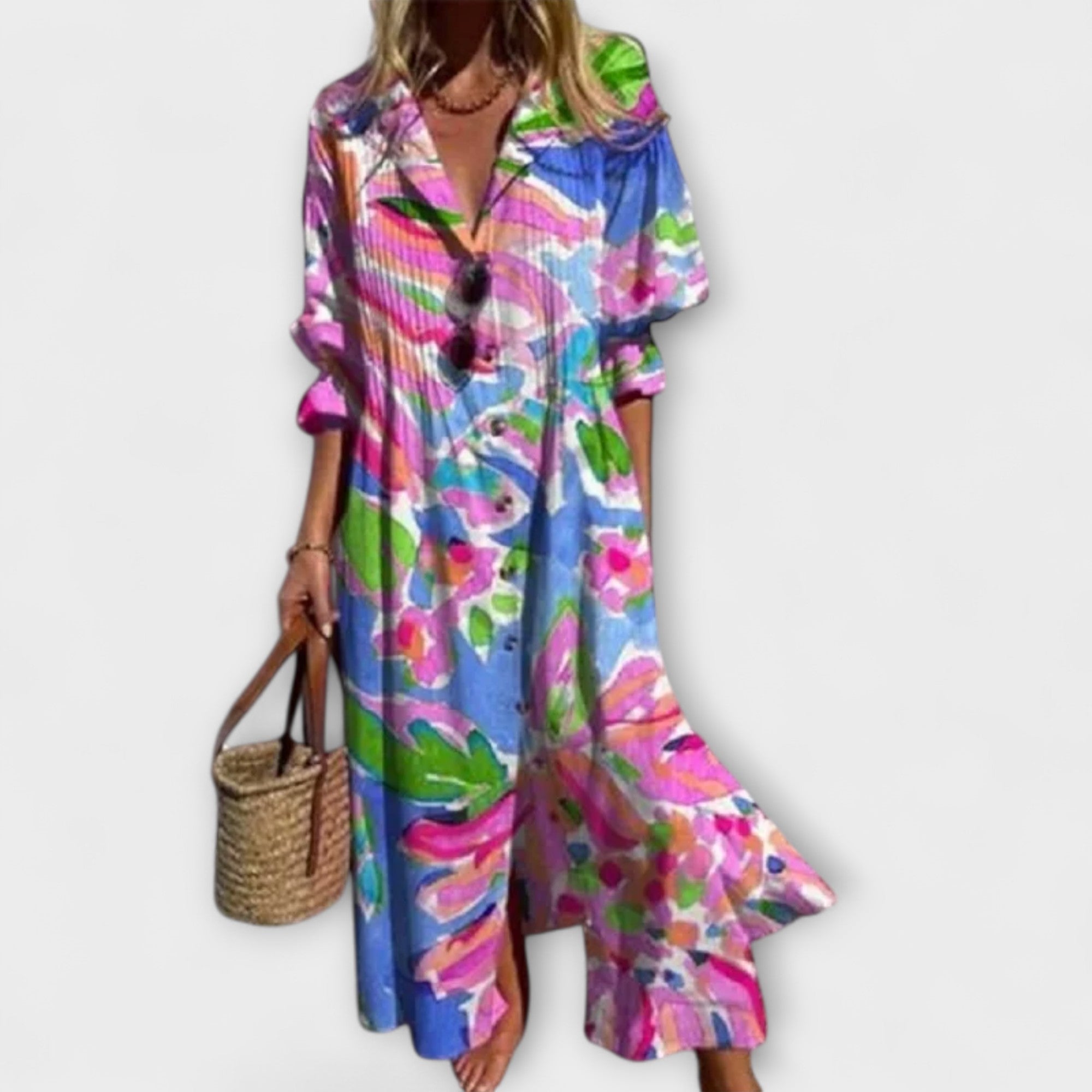 Robe chemise longue pour femme avec imprimé feuilles et manches bouffantes