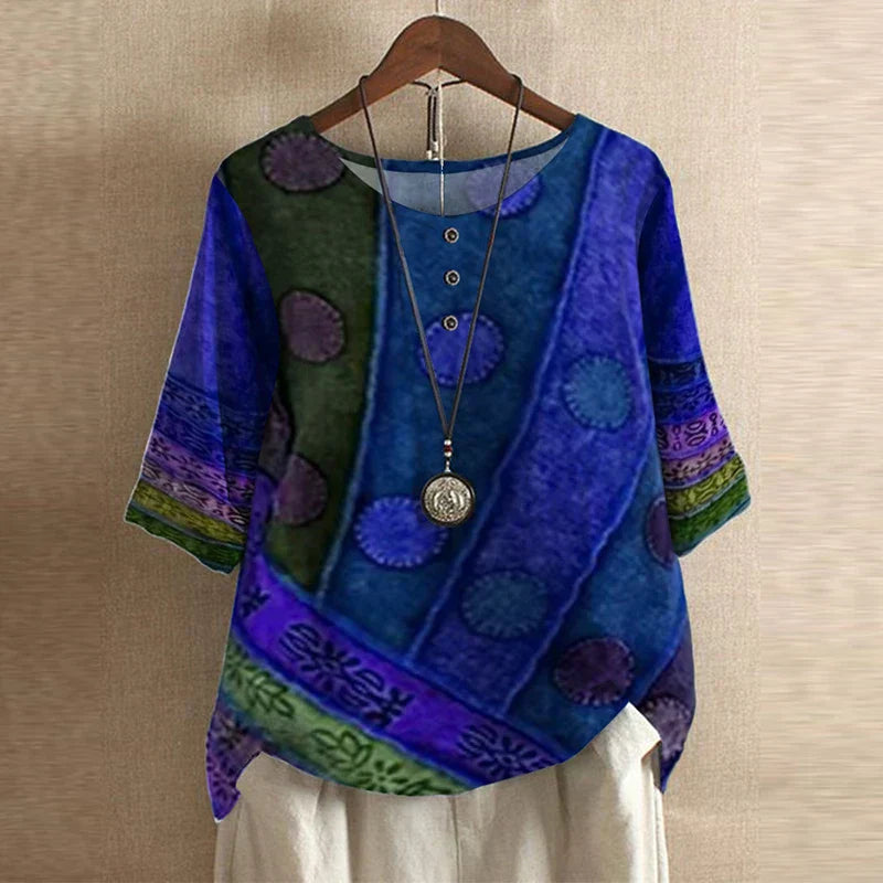 Retro Style Printed Blouse with Round Neck and Buttons for Women