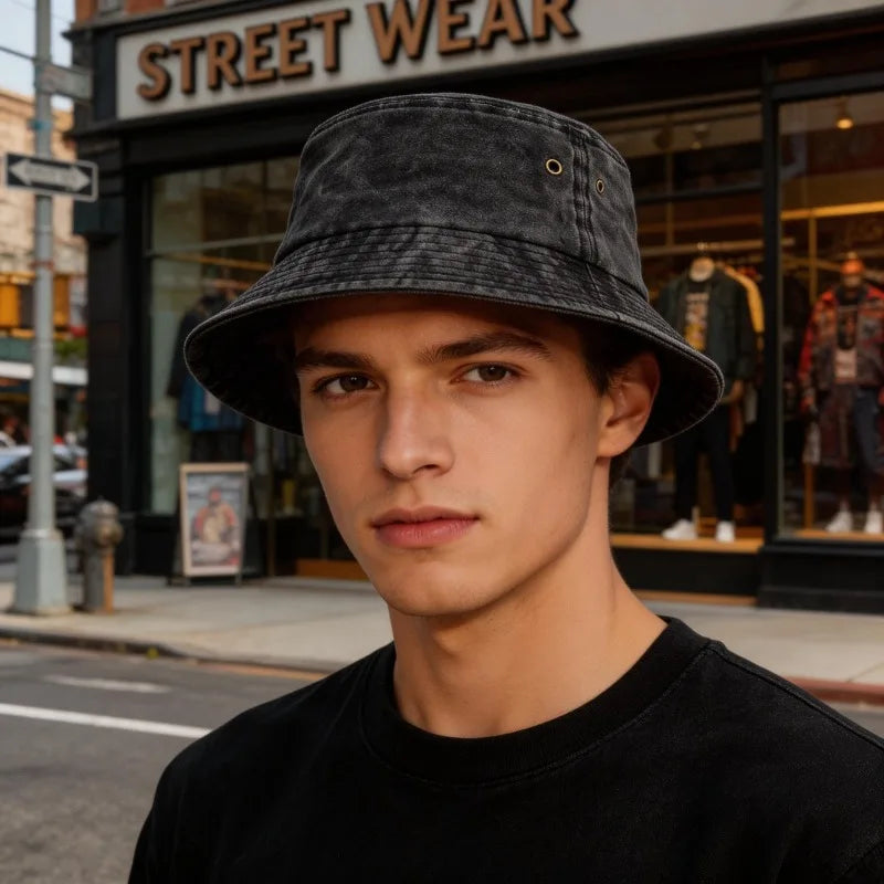 Cappello a secchiello unisex in cotone lavato, casual, per il sole