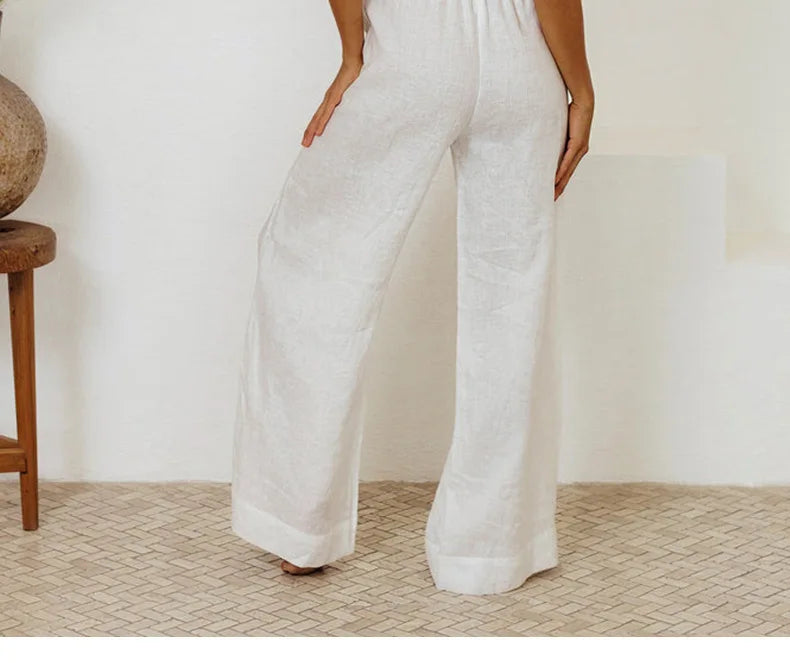 Pantaloni largi din in pentru femei, cu talie elastică și cordon