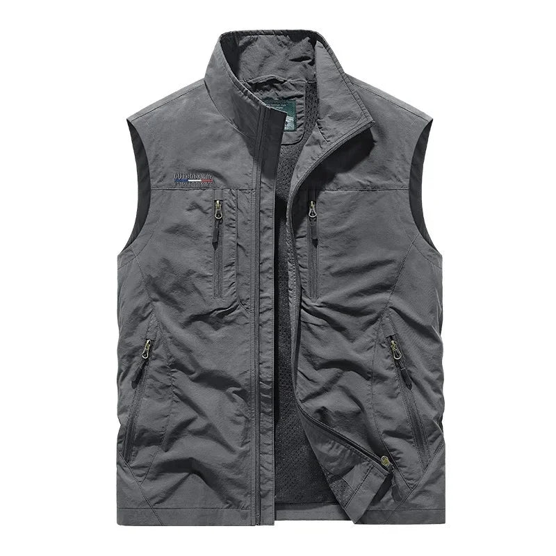 Gilet Tattico Multitasche da Uomo con Fodera in Mesh e Chiusura con Zip