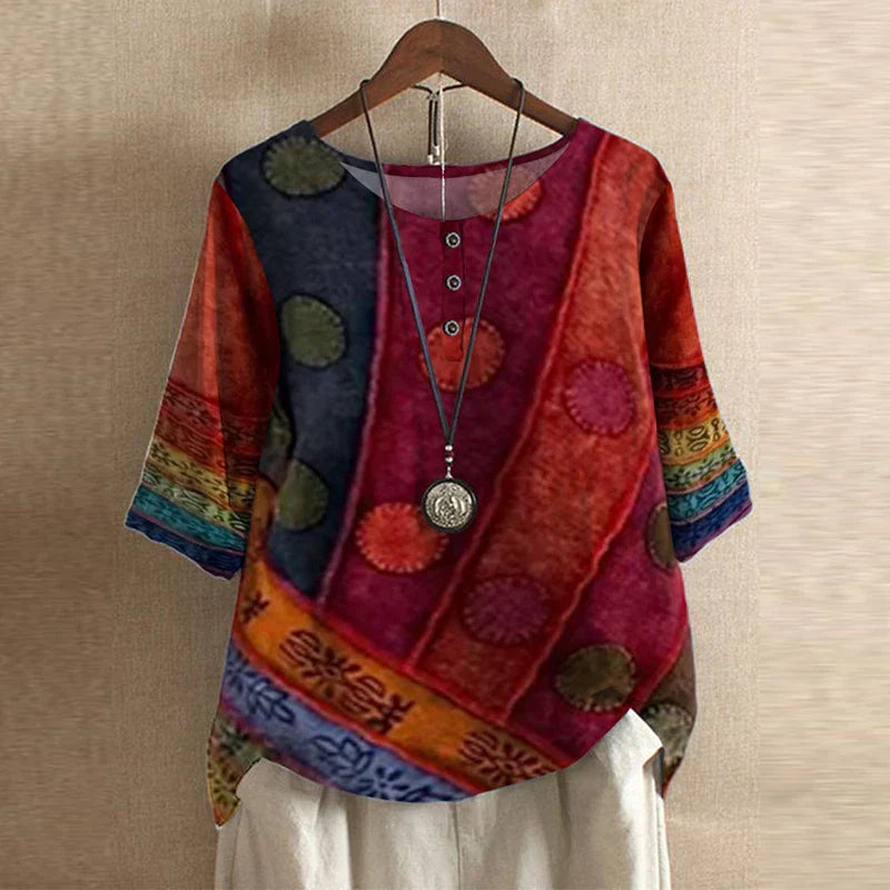 Retro Style Printed Blouse with Round Neck and Buttons for Women