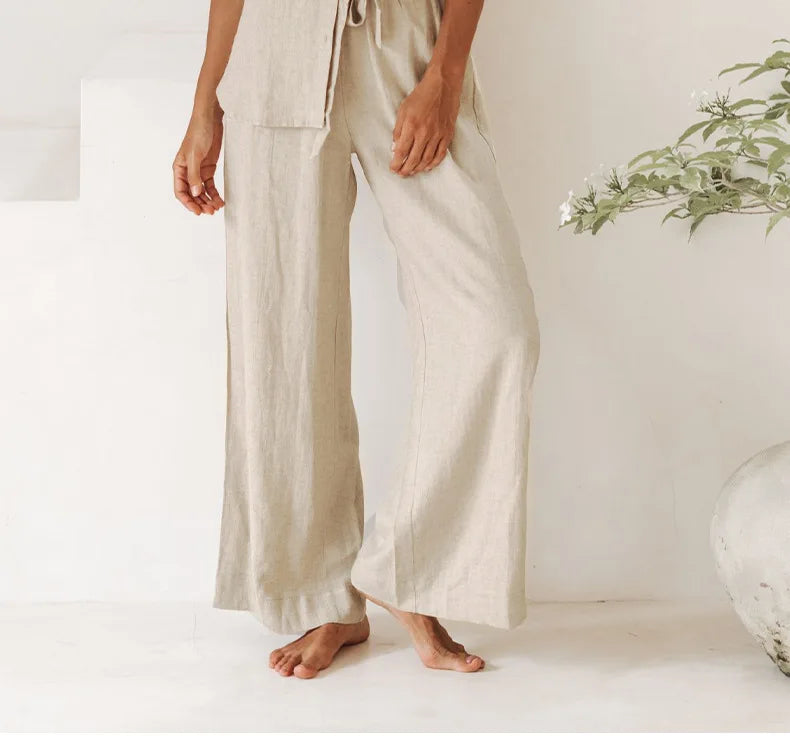 Pantaloni largi din in pentru femei, cu talie elastică și cordon