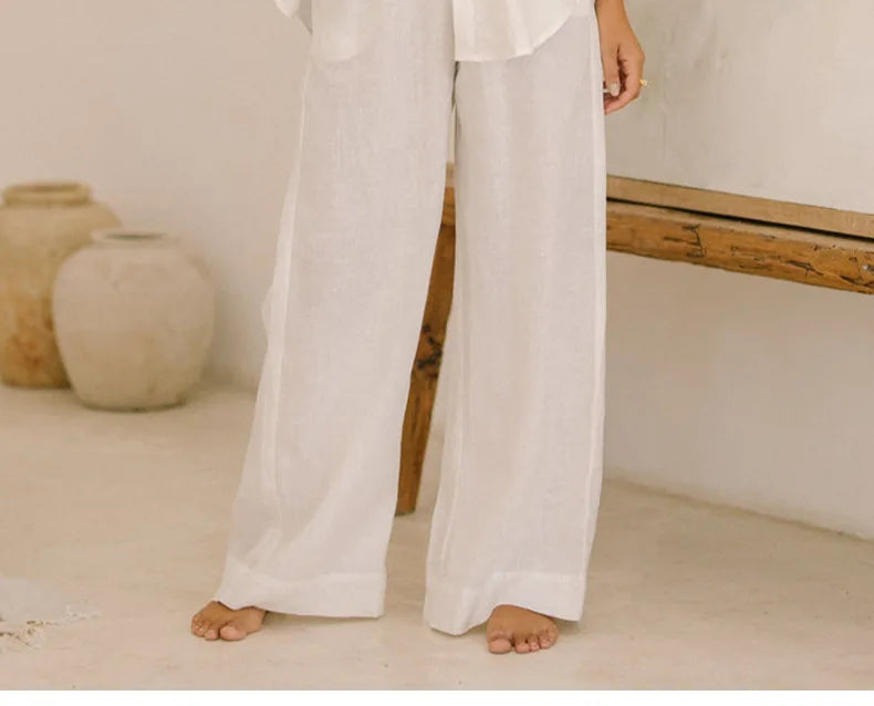 Pantaloni largi din in pentru femei, cu talie elastică și cordon