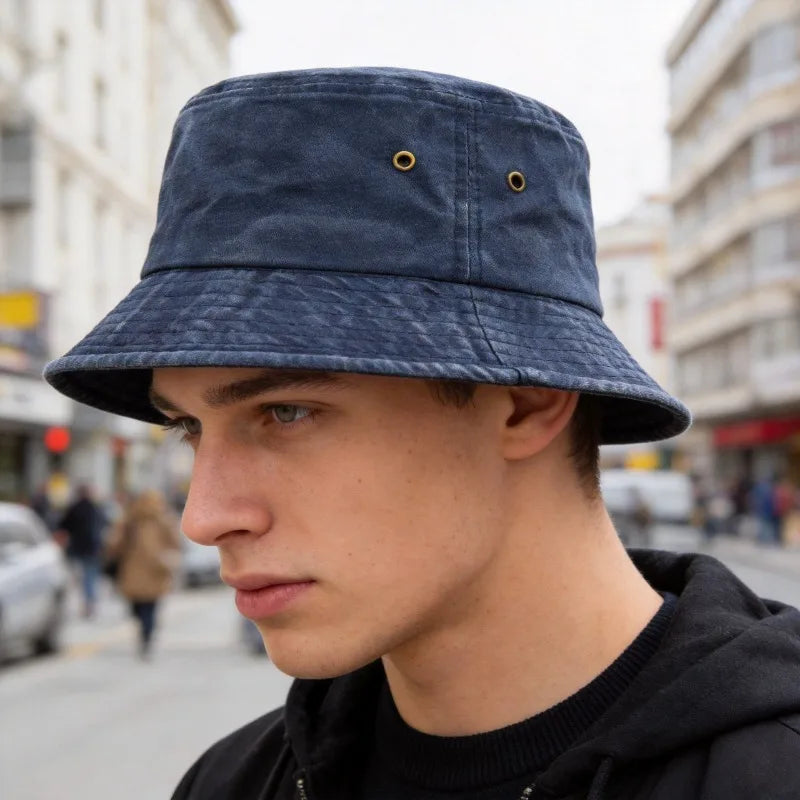 Cappello a secchiello unisex in cotone lavato, casual, per il sole