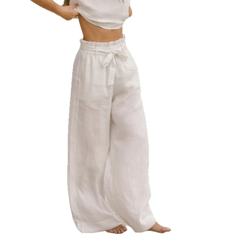 Pantaloni largi din in pentru femei, cu talie elastică și cordon