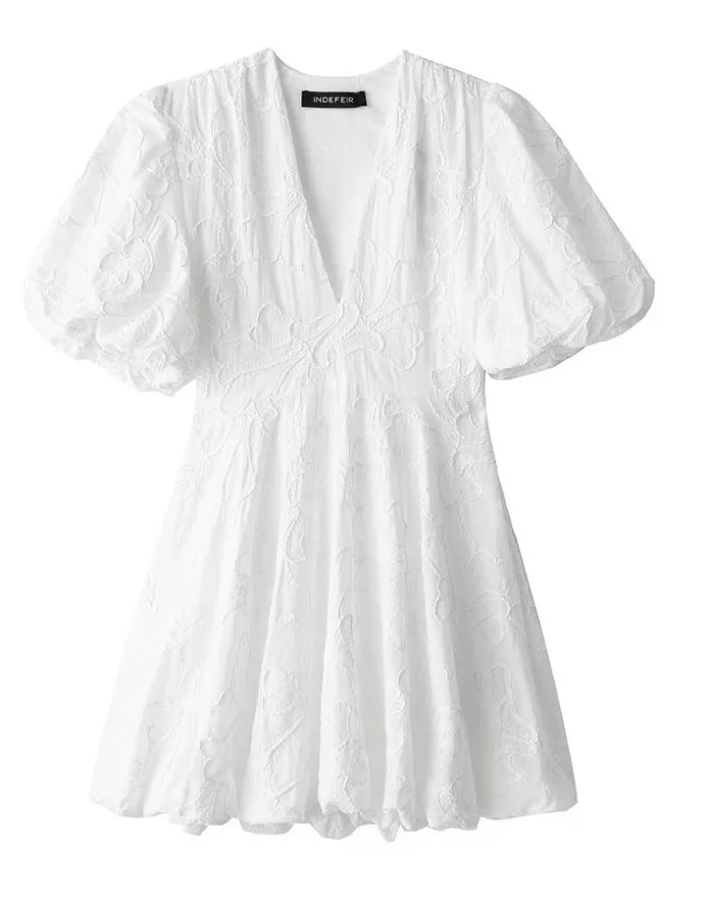 Short puff-sleeve mini dress with embroidery and V-neck