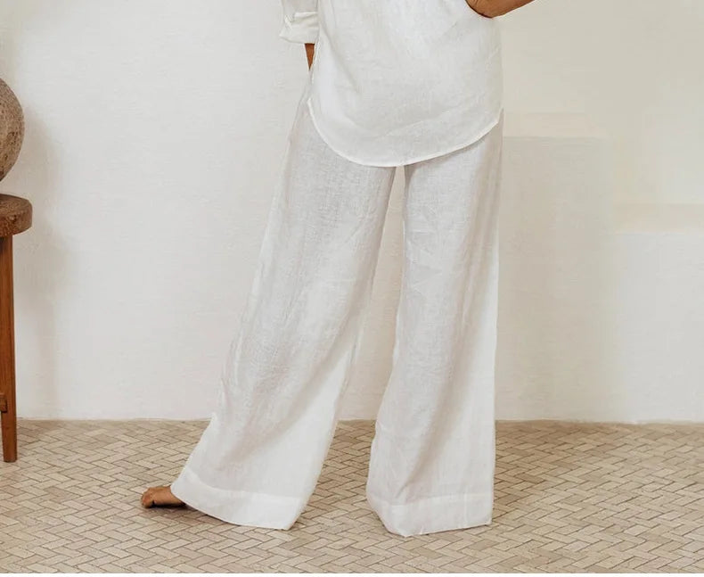 Pantaloni largi din in pentru femei, cu talie elastică și cordon