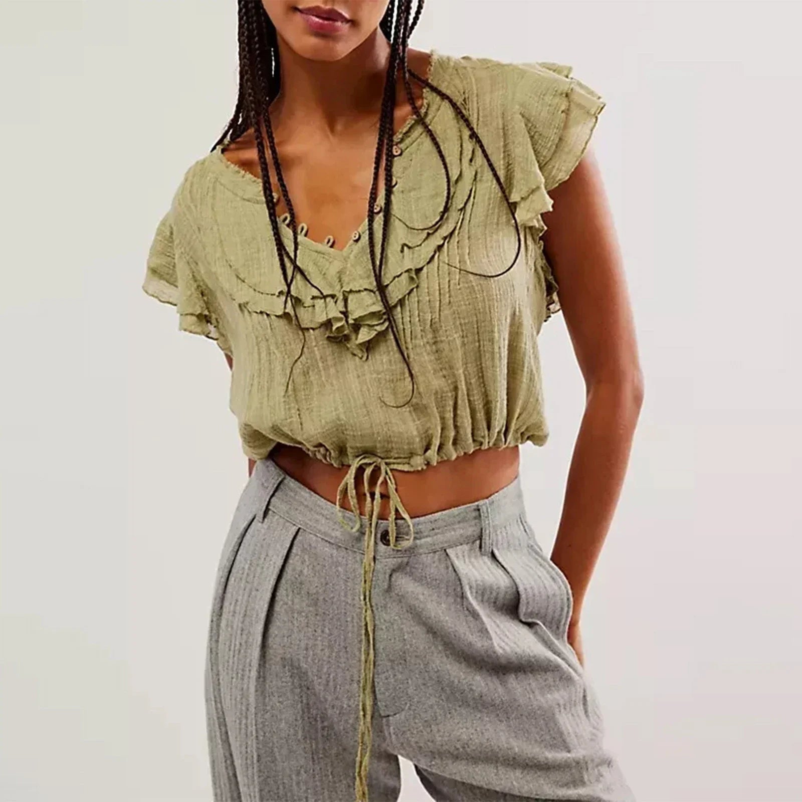 Crop top pro ženy z bavlněné gázy s volánky — ležérní