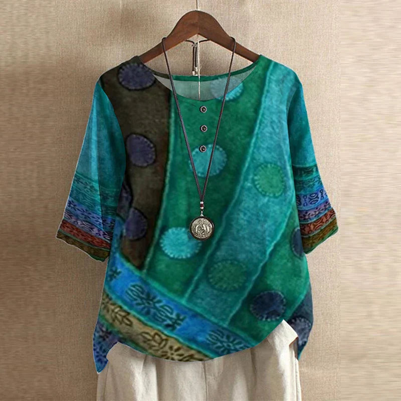 Retro Style Printed Blouse with Round Neck and Buttons for Women