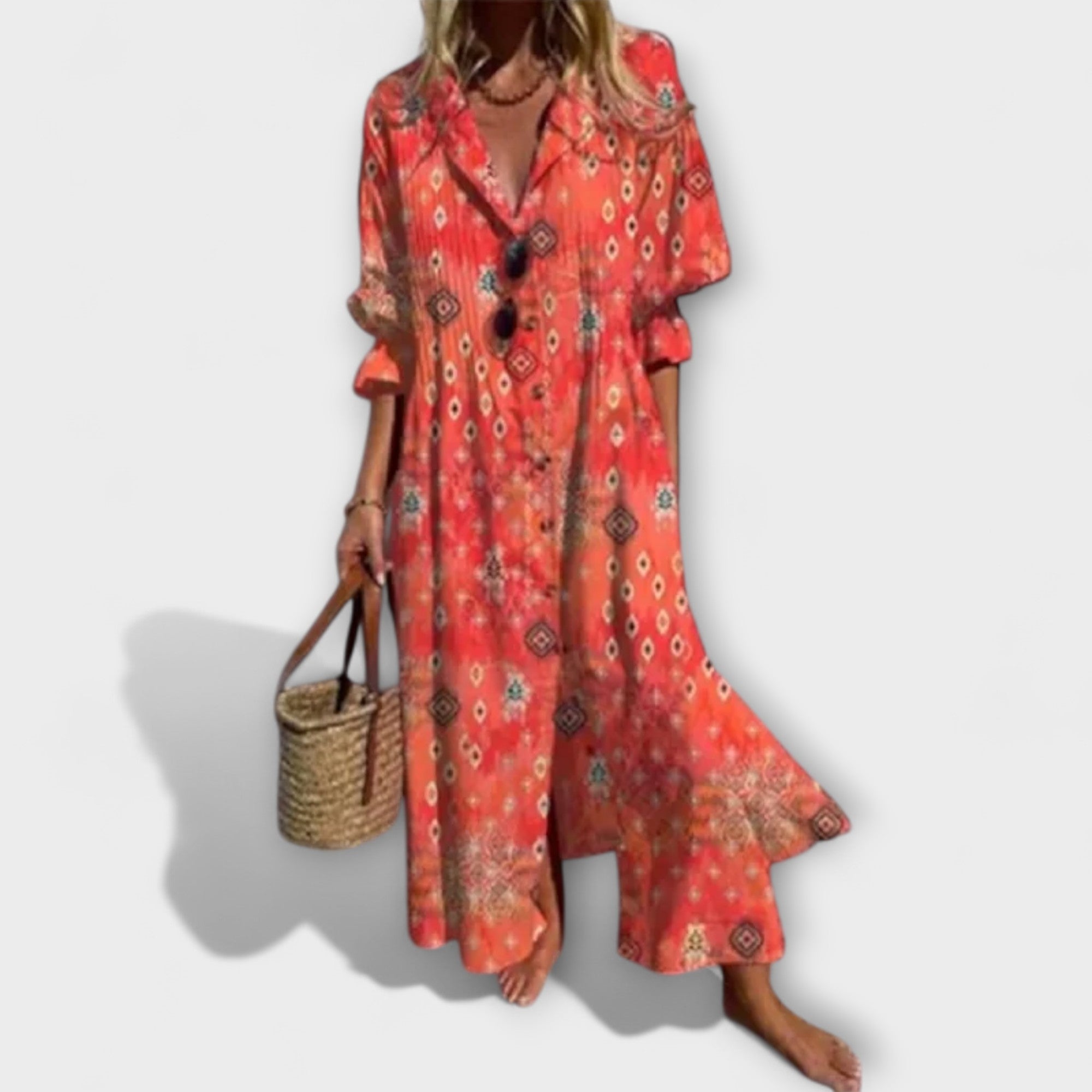 Robe chemise longue pour femme avec imprimé feuilles et manches bouffantes