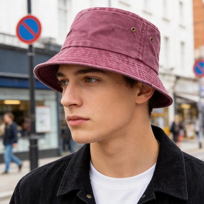 Cappello a secchiello unisex in cotone lavato, casual, per il sole