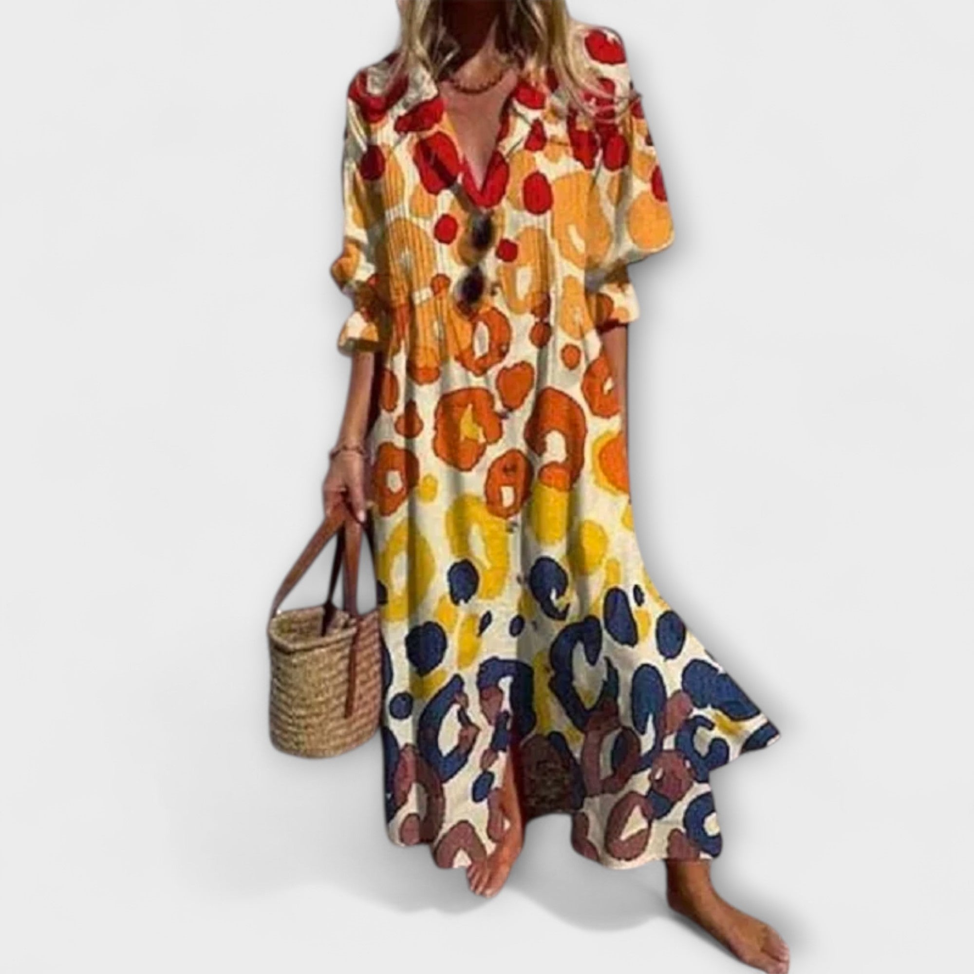Robe chemise longue pour femme avec imprimé feuilles et manches bouffantes