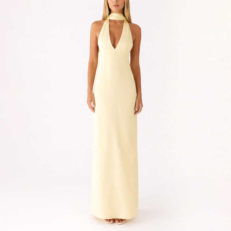 polyester halter dress Plus Size Polyester Solid Color Sexy Party Deep V Neck Ruched Metal Bu Canary Houze