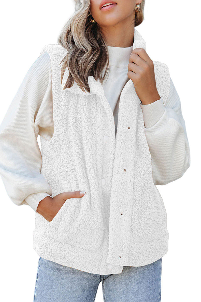 Gilet in Shearling con Collo Alto e Chiusura a Bottoni a Pressione per Donna