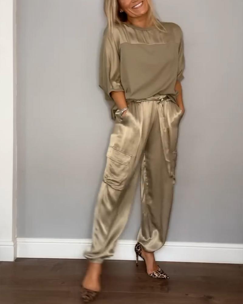 Women's Satin Set with 3/4 Sleeve Blouse and Waist Tie Pants