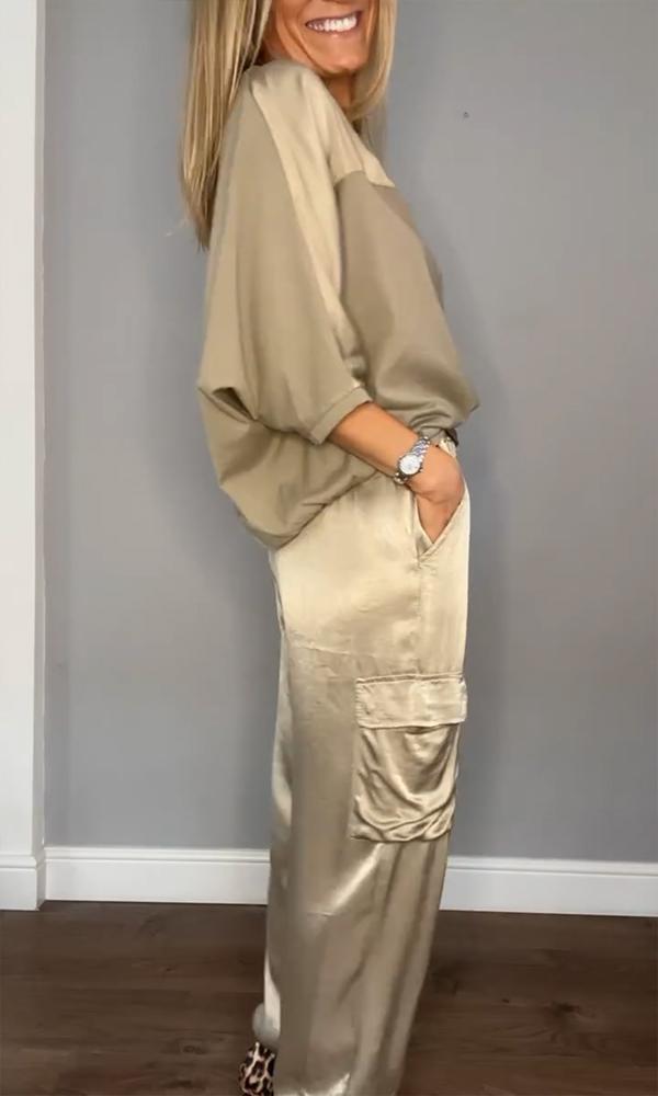 Women's Satin Set with 3/4 Sleeve Blouse and Waist Tie Pants