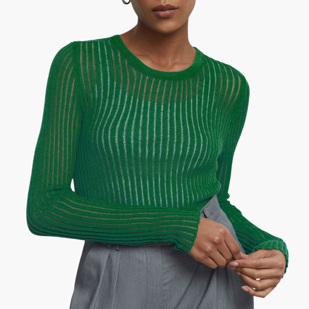 Pull en maille ajourée transparent pour femme avec col rond et manches longues
