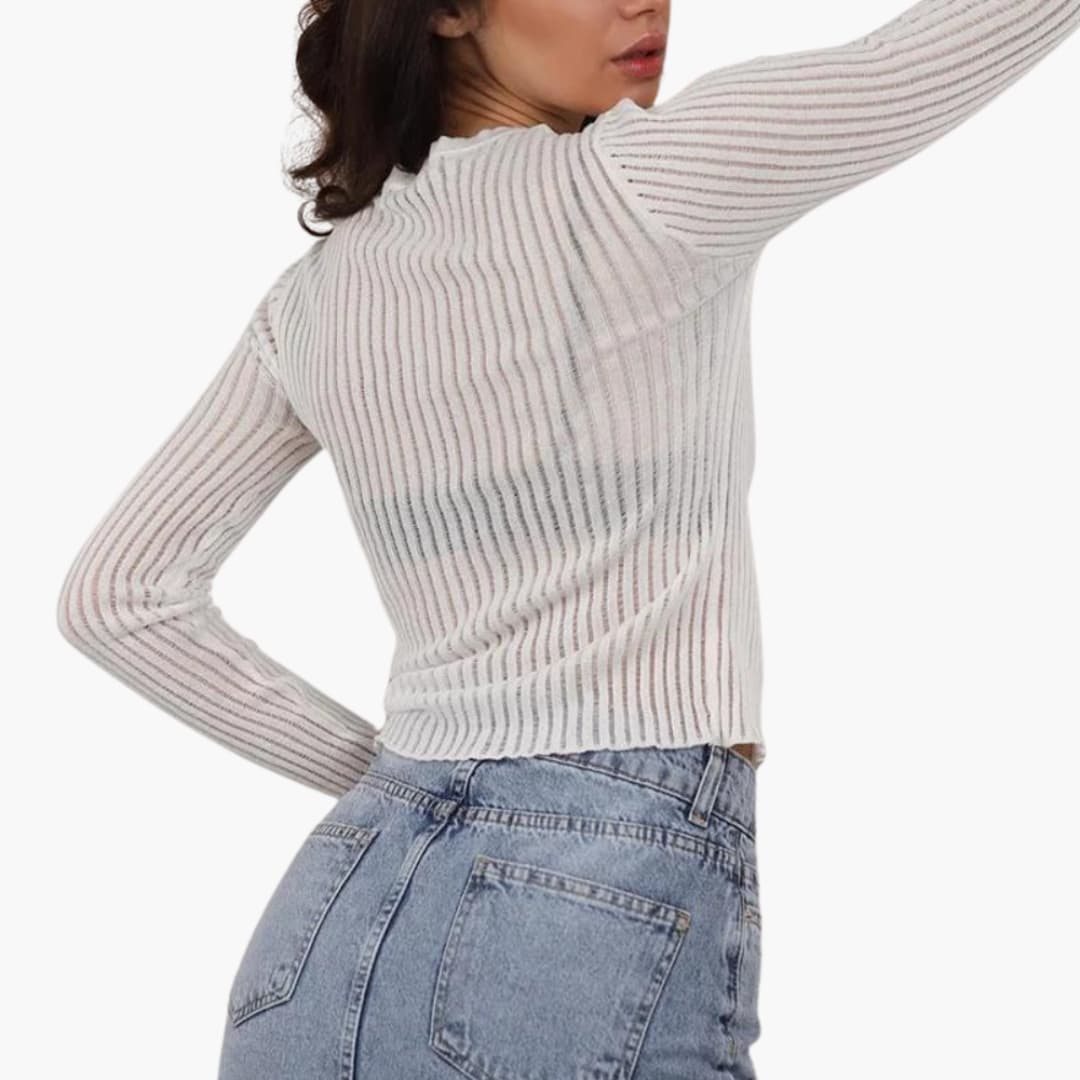 Pull en maille ajourée transparent pour femme avec col rond et manches longues
