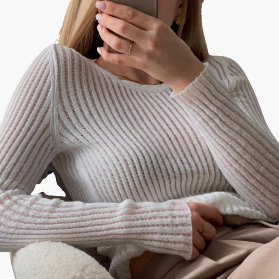 Pull en maille ajourée transparent pour femme avec col rond et manches longues