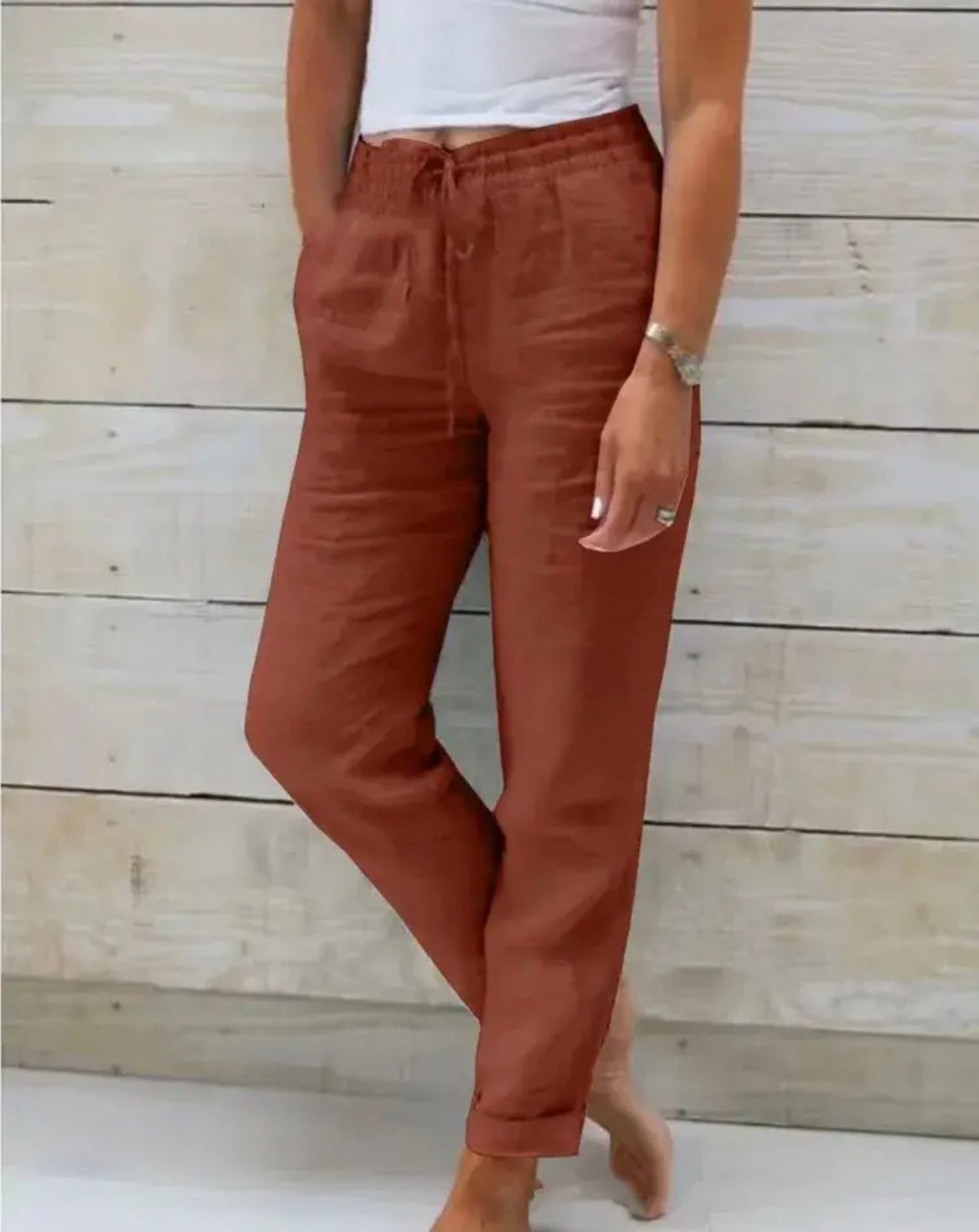 Pantaloni in Lino e Cotone con Vita Elastica e Coulisse da Donna