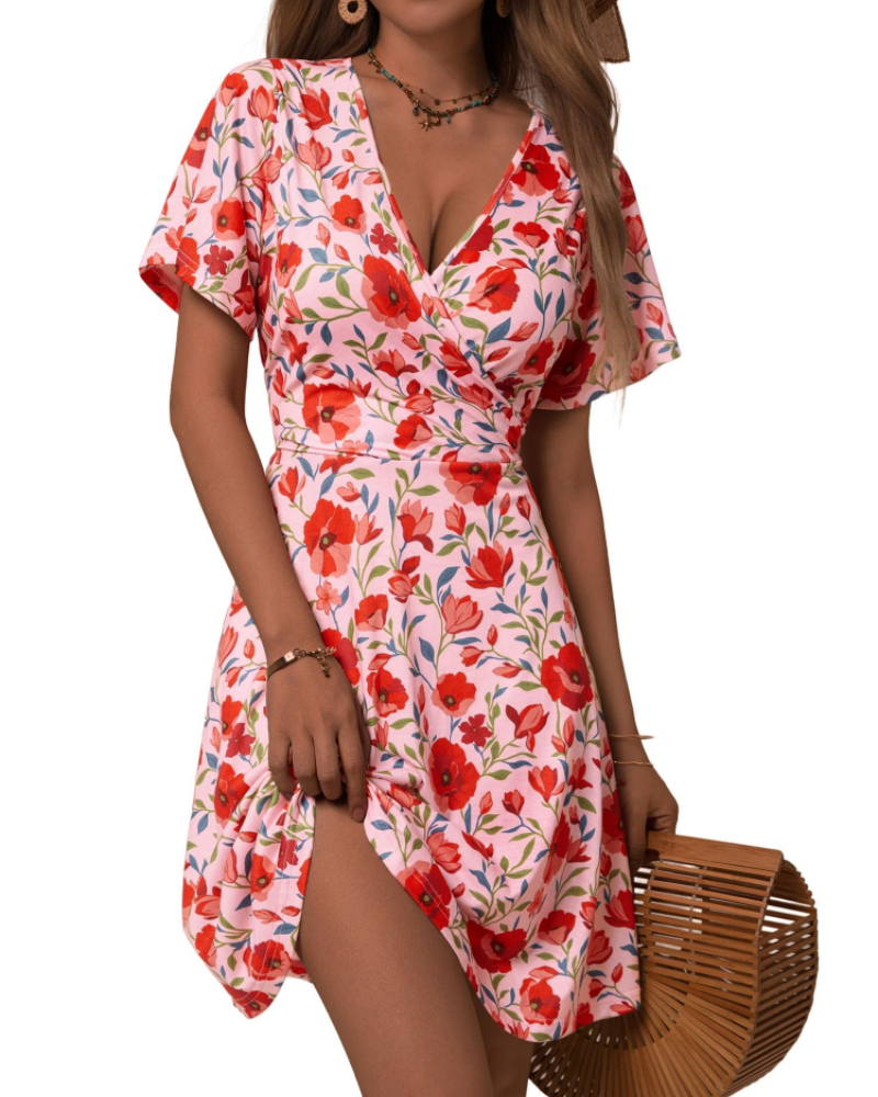 Vestito corto donna | taglio incrociato | scollo a V | per eventi estivi