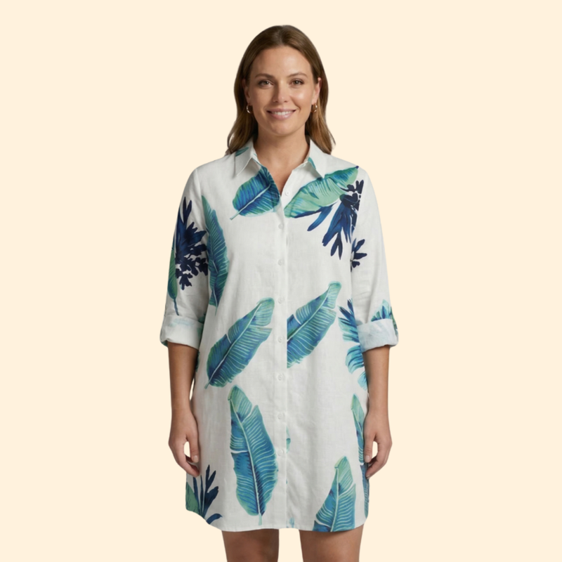 Vestido camisola de praia com estampado e manga comprida para mulher