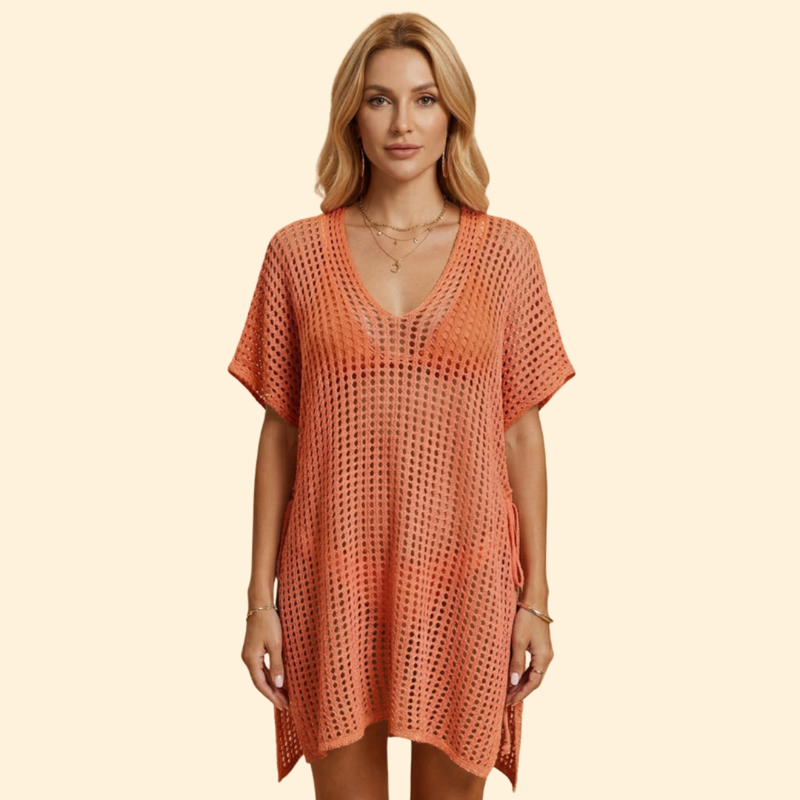 Rochie de plajă pentru femei, cu croială perforată și mânecă scurtă