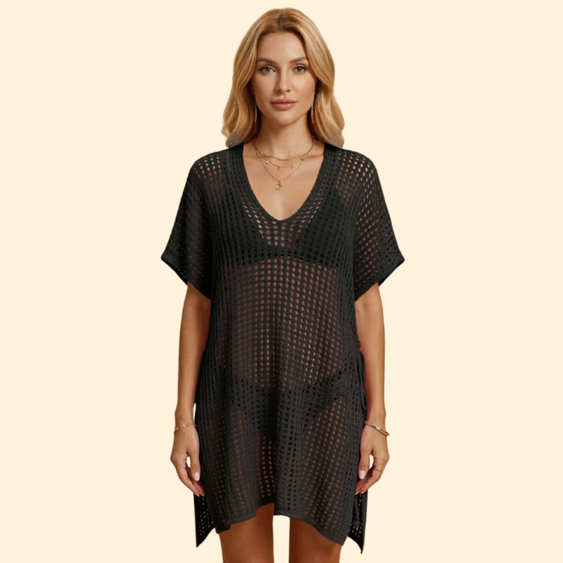 Rochie de plajă pentru femei, cu croială perforată și mânecă scurtă