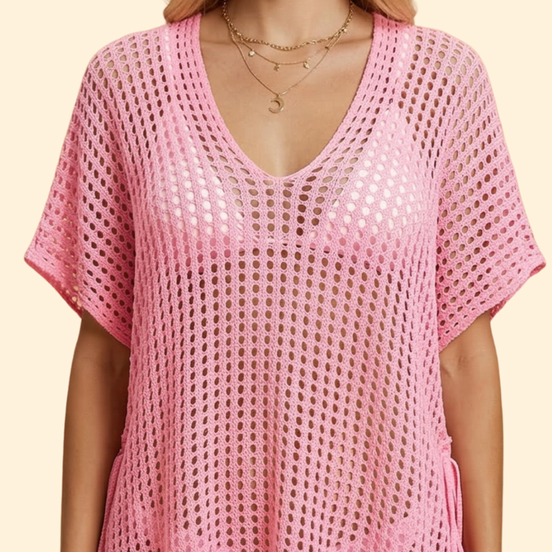 Rochie de plajă pentru femei, cu croială perforată și mânecă scurtă