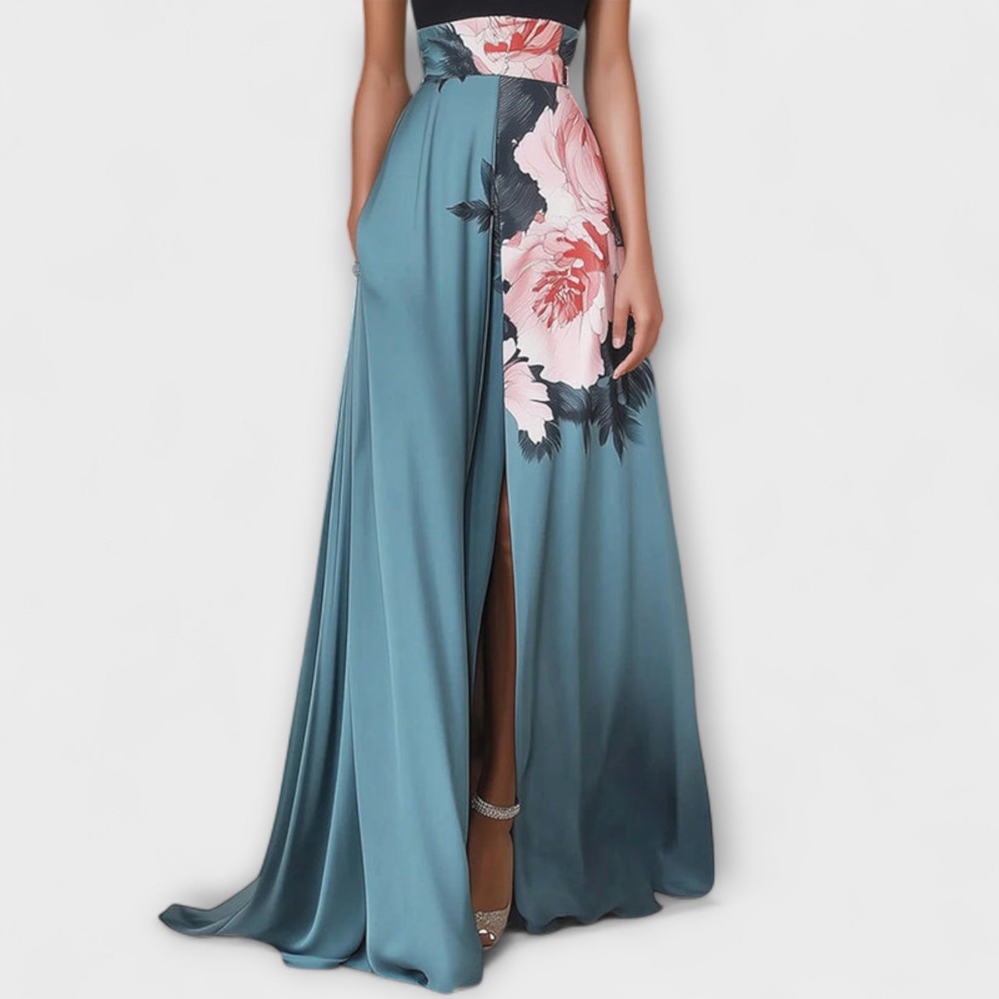Rochie lungă de gală cu guler înalt și fustă cloș cu imprimeu floral