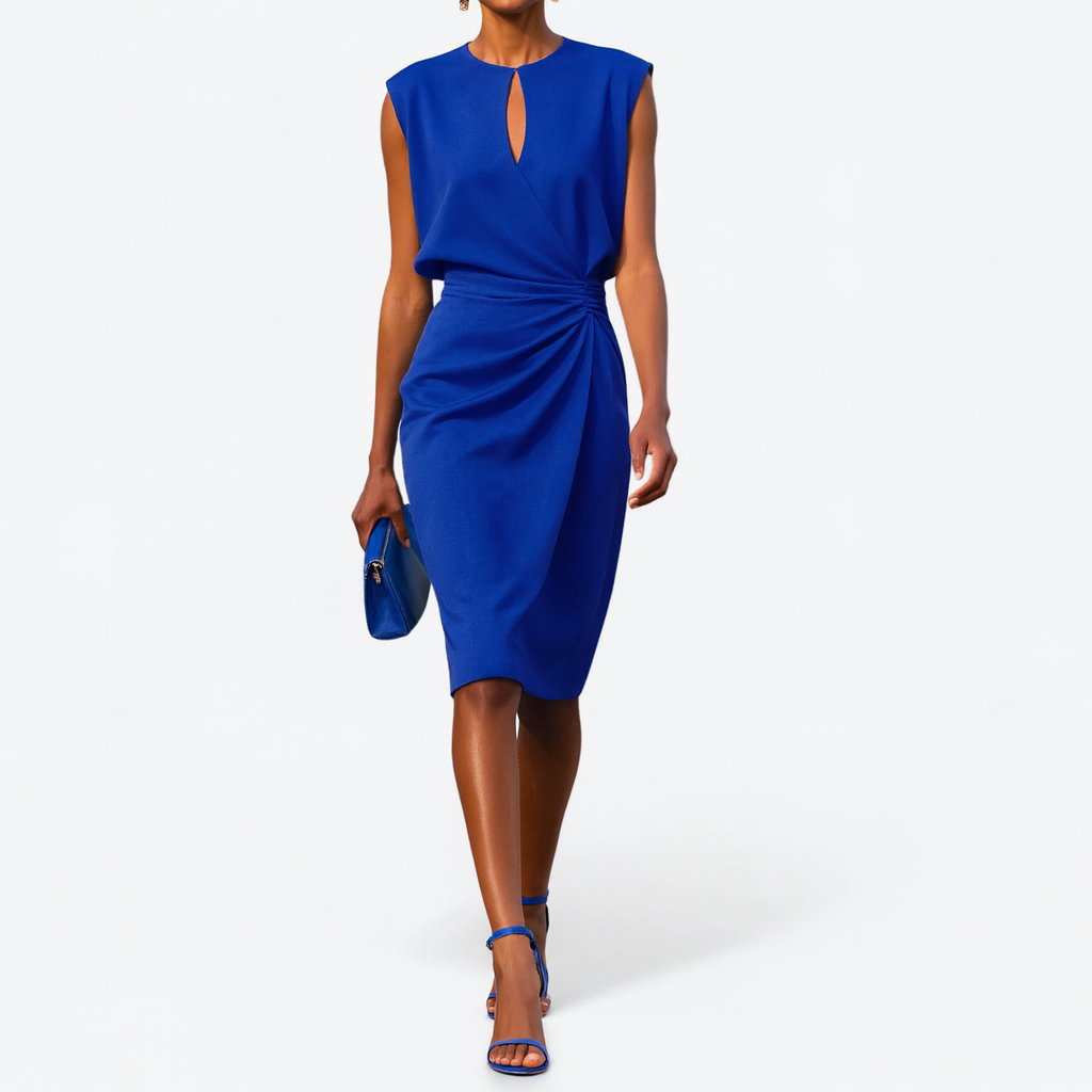 Midi Wrap Dress with Side Pleats and Round Neck for Women